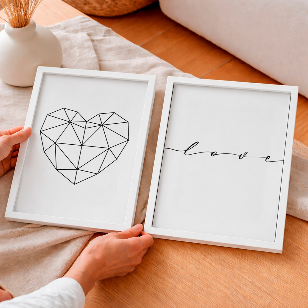 Detalhes do Kit 2 Quadros Coração Geométrico Love Minimalista Preto Branco Decorativo
