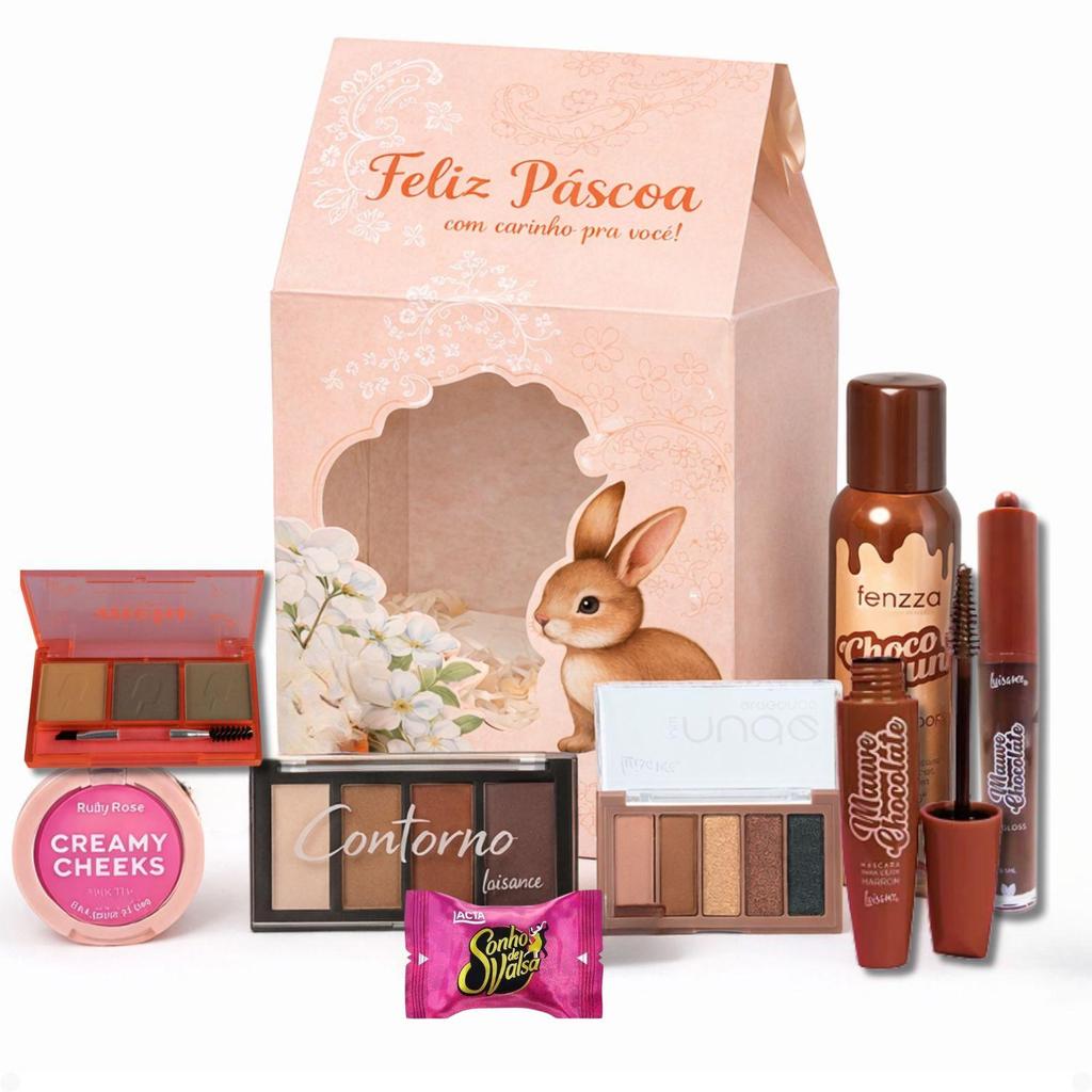 Kit Páscoa Maquiagem: Gloss, Blush, Máscara, Paleta, Sombras, Contorno, Fixador e Mimo