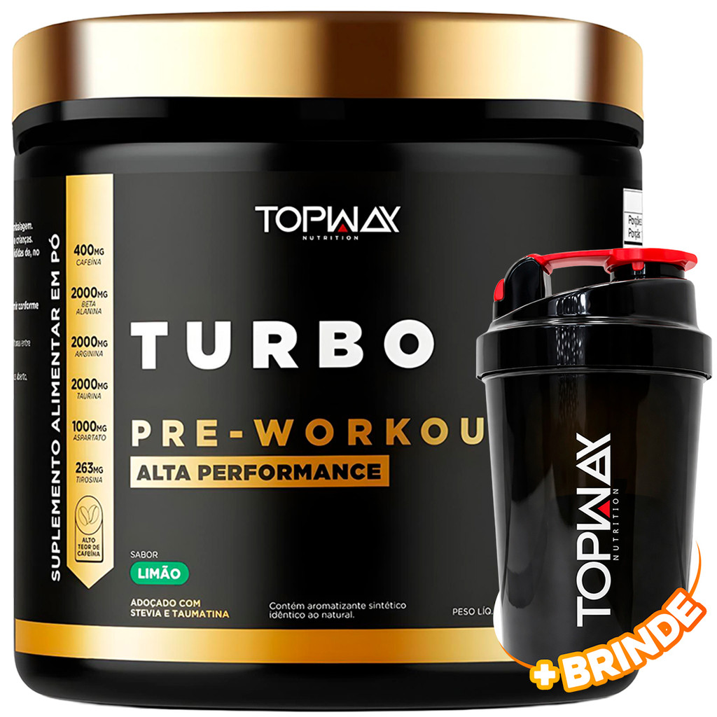 Topway Suplemento Pré Treino Workout Turbo Alta Performance 300g Sabor Limão + Coqueteleira 600ml