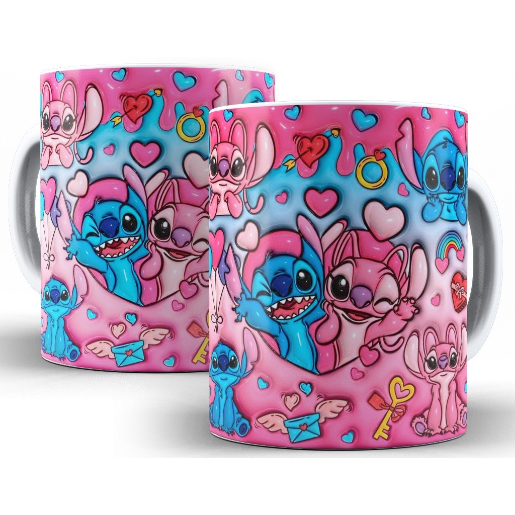 Caneca Xícara Lilo e Stitch Disney Efeito 3D Personalizada Mod 1 Casal Presente - Porcelana 325ml