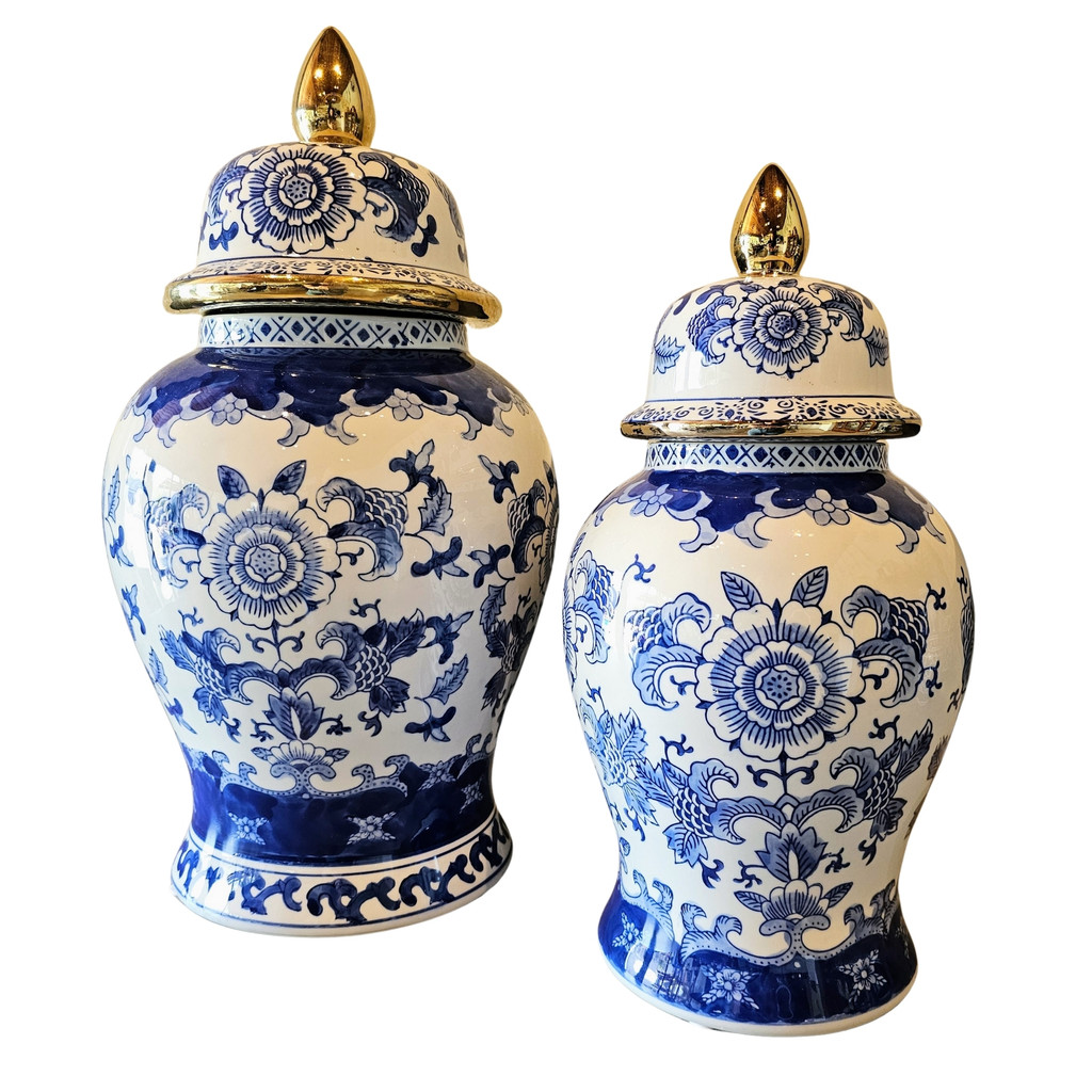 Kit 2 Pote Potiche Porcelana Azul E Branco Floral Luxo