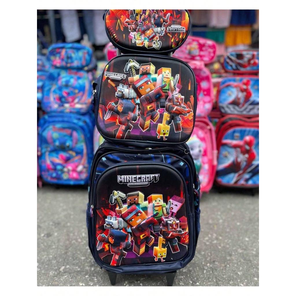 Mochila 3D Grande De Rodinha + Lancheira + Estojo Minicraft -Kit Escolar Infantil