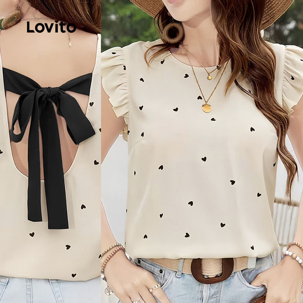Lovito Blusa Casual Babado Coração Bolinha Top de Amarrar Primavera/verão Blusa Damasco para Mulheres L171AD132 em Oferta na Shopee
