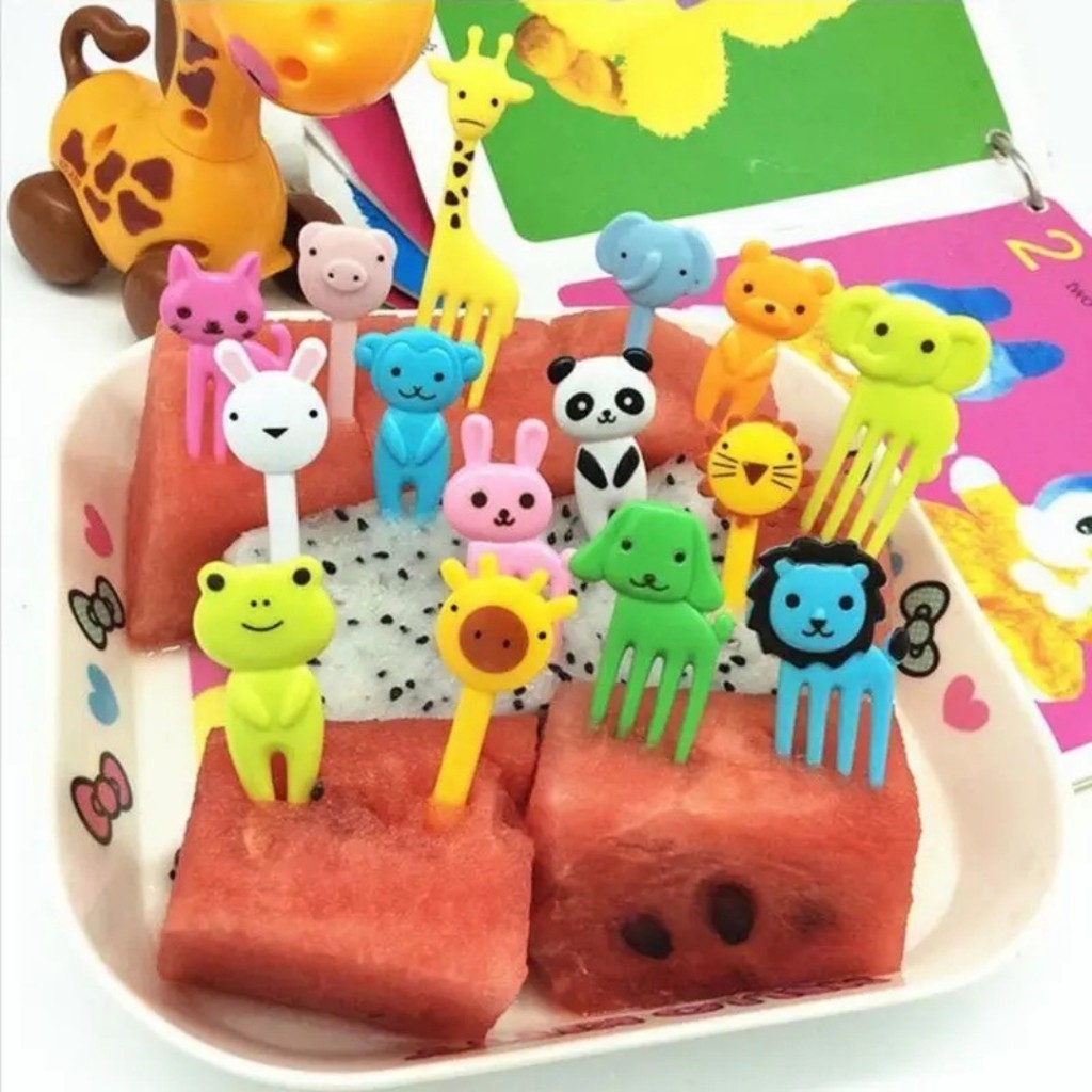 Conjunto de 10 mini garfos de frutas e animais de desenho animado para crianças Petisco Infantil Bolo Sobremesa