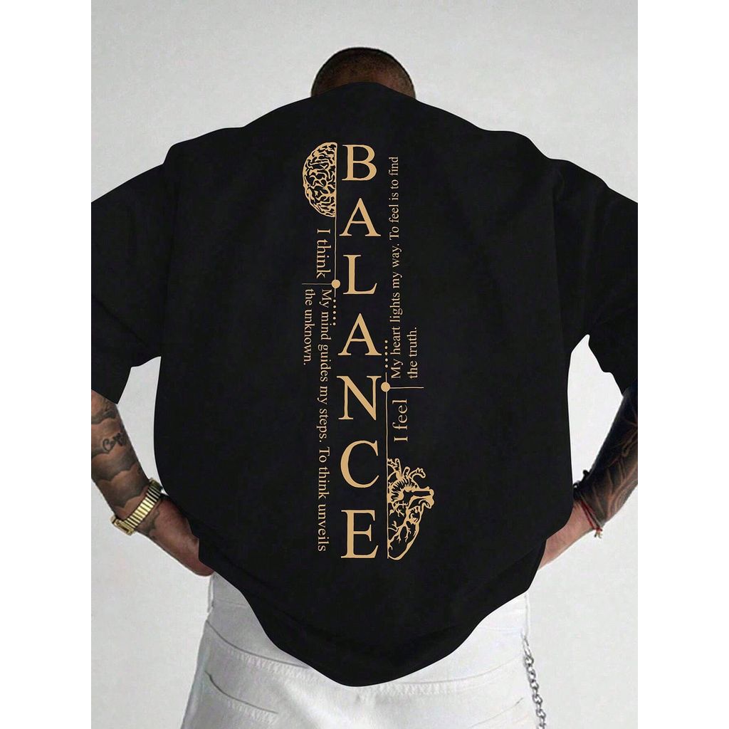 Camiseta Masculina Preta com Estampa BALANCE - Design de Costas, Poliéster Leve e Respirável para Academia