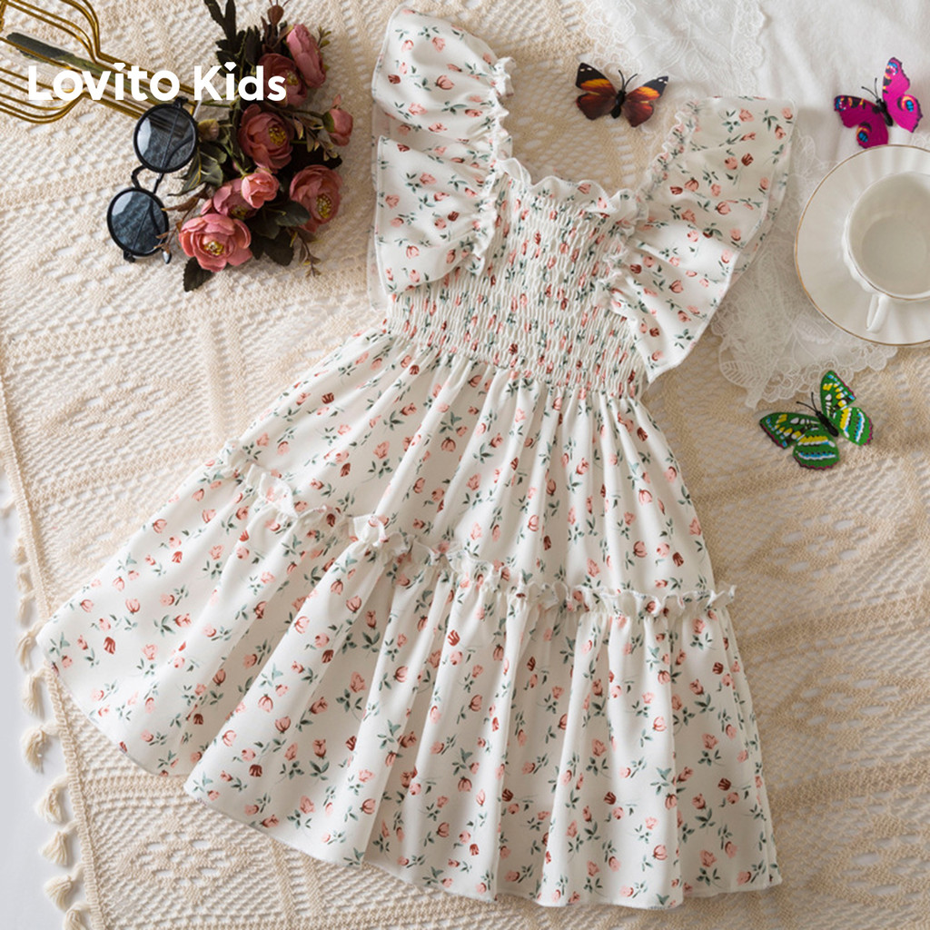 Lovito Kids  Vestido Casual Flores Babado Enrolado Primavera/verão Branco para Menina. LNL132408 em Oferta na Shopee