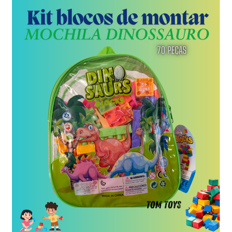 Mochila Dinossauro Blocos de Montar Infantil Brinquedo Educativo Plástico Colorido 70 Peças Encaixar Criatividade em Oferta na Shopee