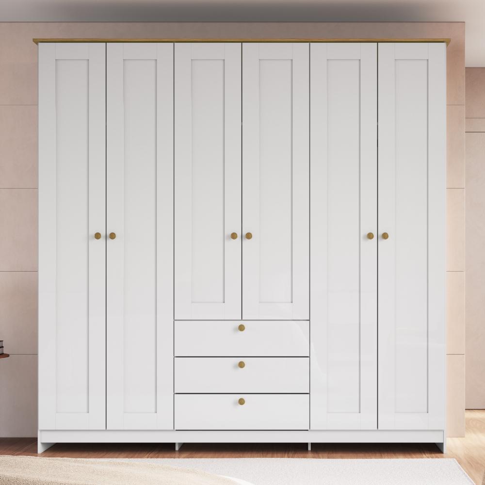 Guarda Roupa Casal 6 Portas 3 Gavetas Americano 182cm RP2630 Cor Branco/Ipê - Decibal Móveis em Oferta na Shopee
