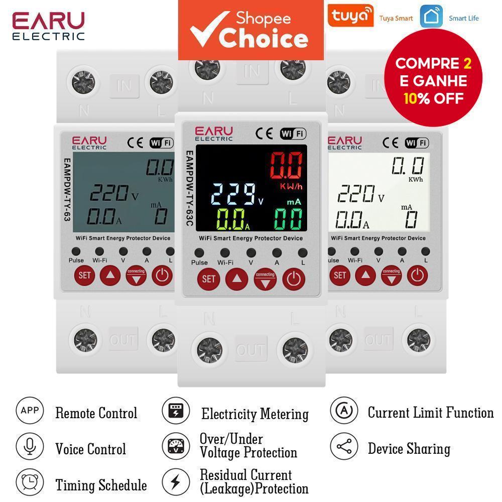 Funciona Com Tuya WiFi Disjuntor Inteligente 2P 63A 230V Medidor De Energia Power kWh Vazamento Sobre Sub Tensão Proteto em Oferta na Shopee
