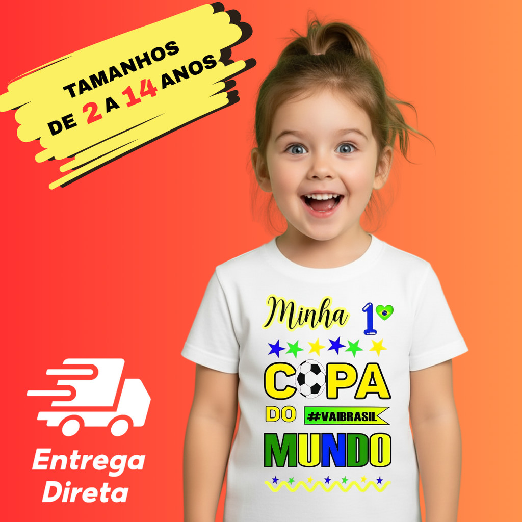 Blusa Infantil Brasil Minha Primeira Copa Do Mundo Torcedor Baby Estampa Colorida 2 A 14 Anos