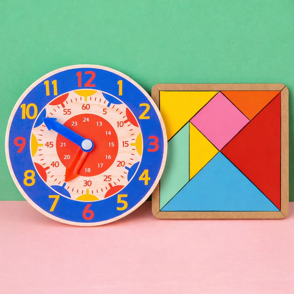 Kit Brinquedo Educativo Tangram em MDF Com Relógio Montessori em Madeira para Aprendizado Infantil
