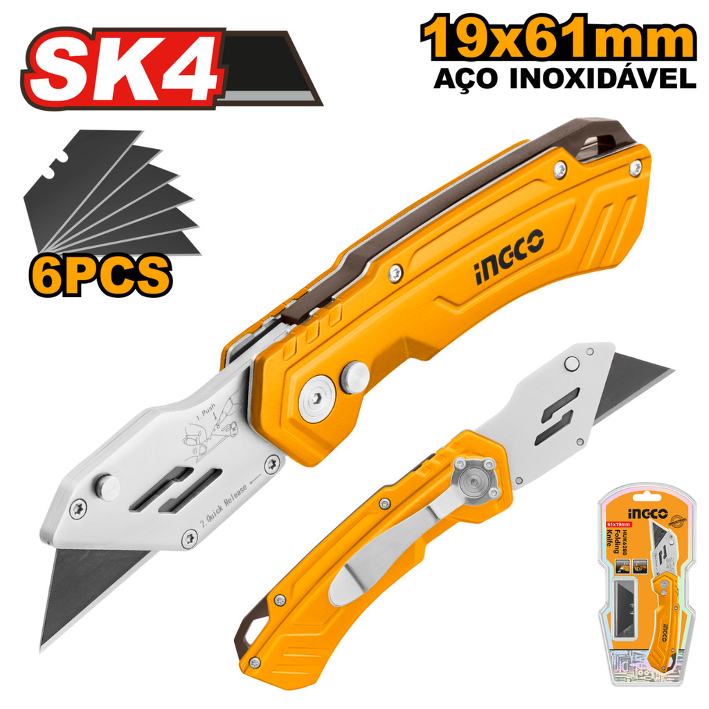Estilete Dobrável Em Alumínio Ingco Com 6 Lâminas Trapezoidais SK5 61x19mm