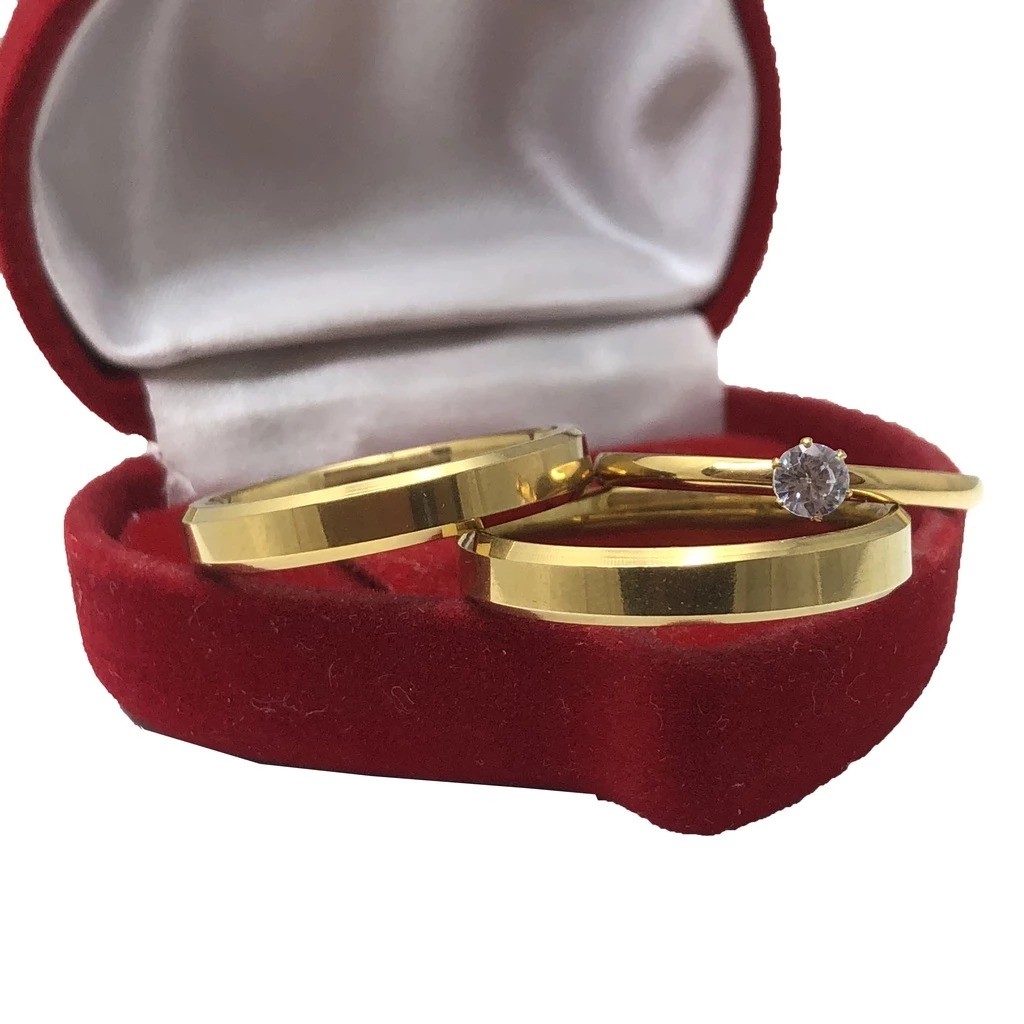 Par Aliança e Anel Solitário 4MM Noivado compromisso 100% em moeda cor de ouro 18k