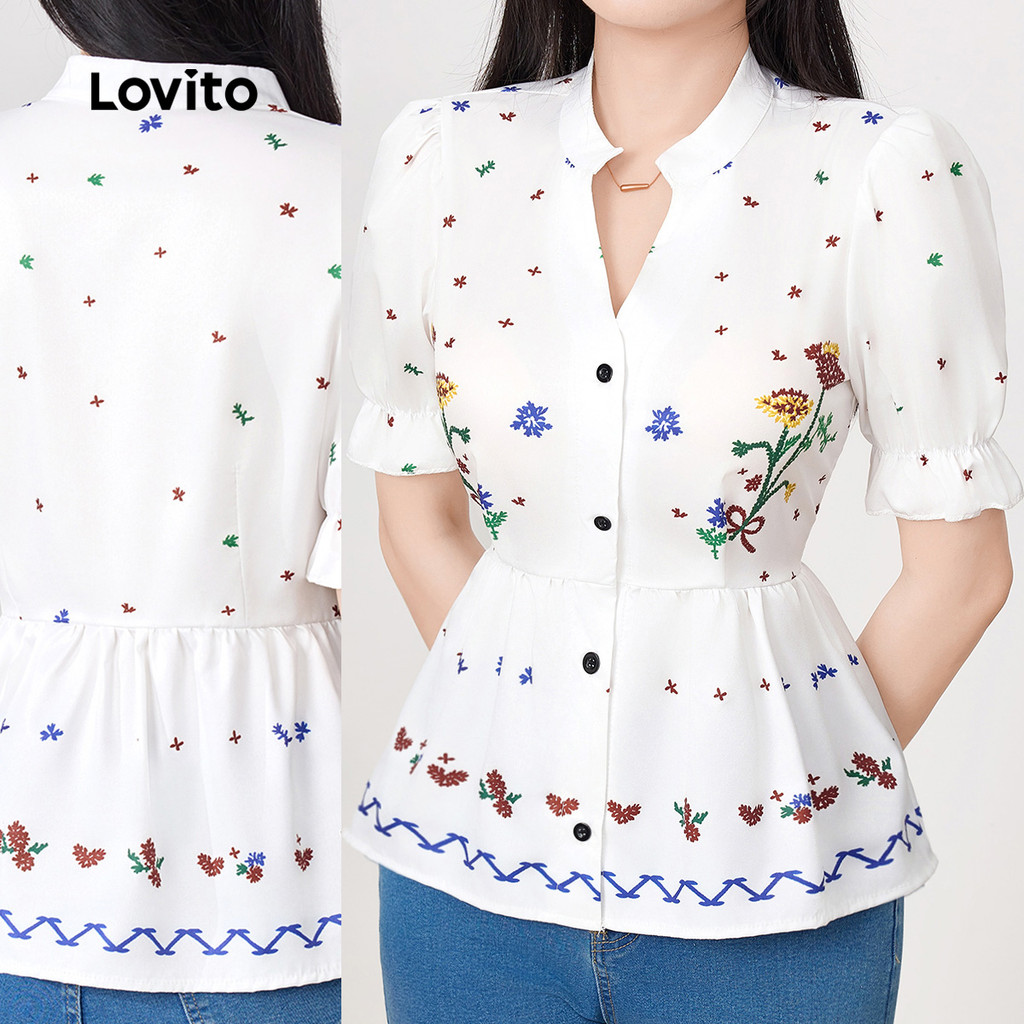Lovito Blusa Boho com Botões e Babados Na Bainha para Primavera/verão para Mulheres L172ED1055