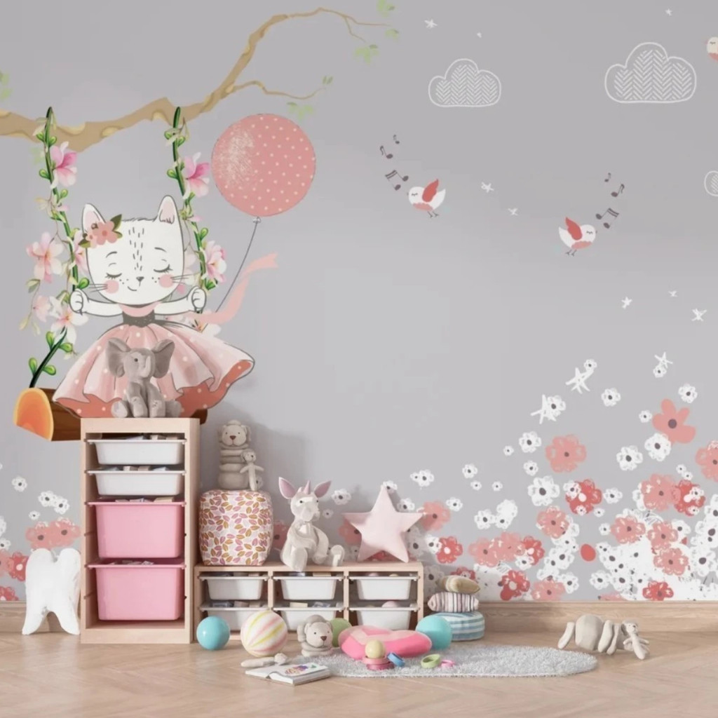 Papel de Parede Infantil Aquarela Gato no Balão Estampa Delicada Fofa Criativa