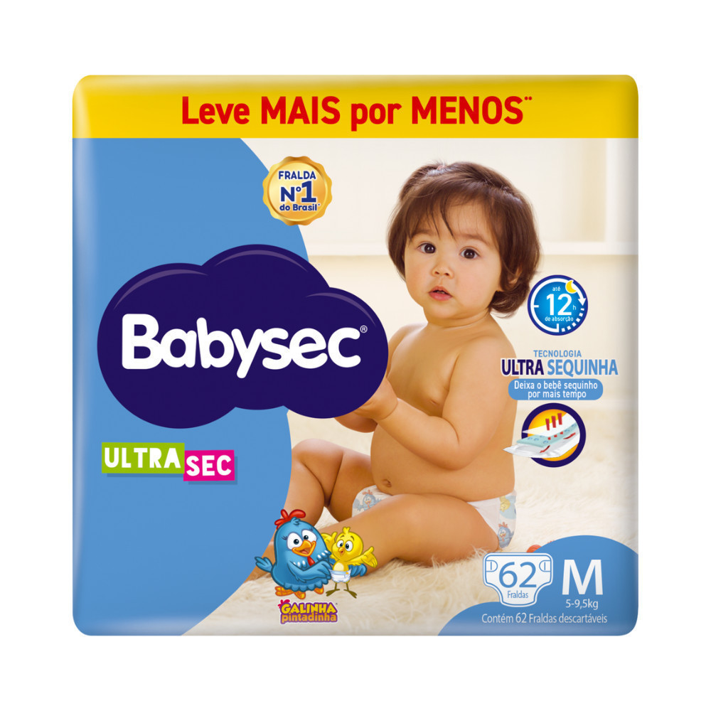 Pack 1x Fralda BabySec Ultrasec Hiper M 62un – Elásticos suaves