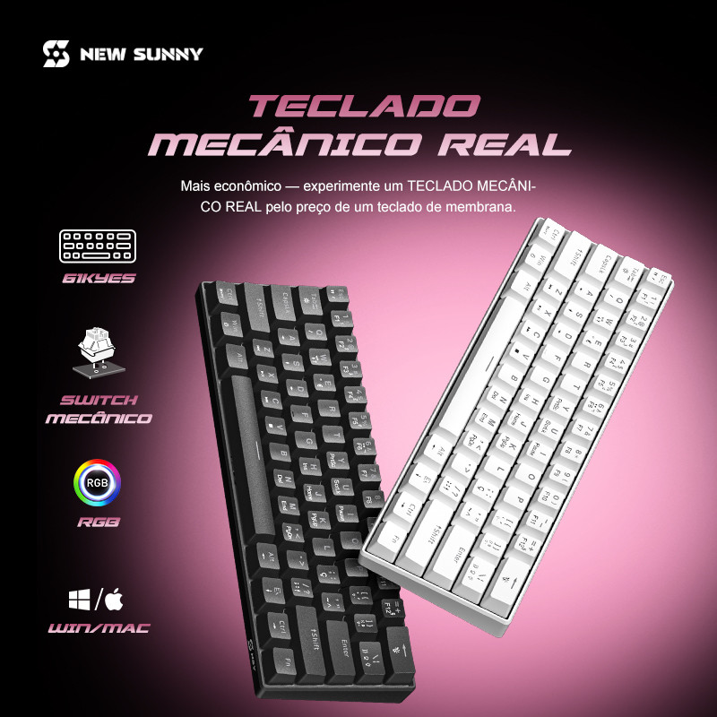 Teclado Mecânico Gamer NS61 RGB 60% Cento Switch Azul e Vermelho USB Tecla Destacável