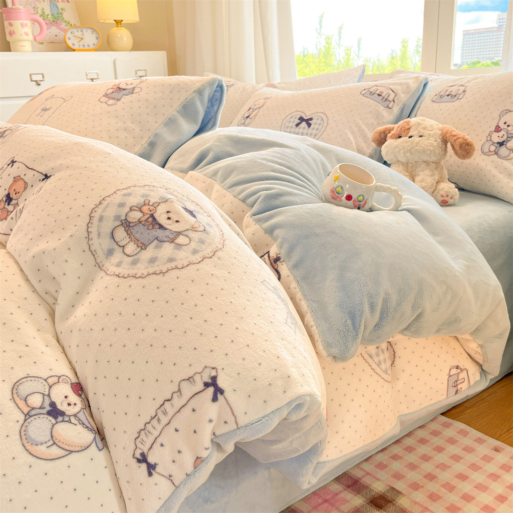 Estilo bonito leite veludo conjunto de quatro peças dupla face veludo engrossado inverno Coral flanela dormitório estuda