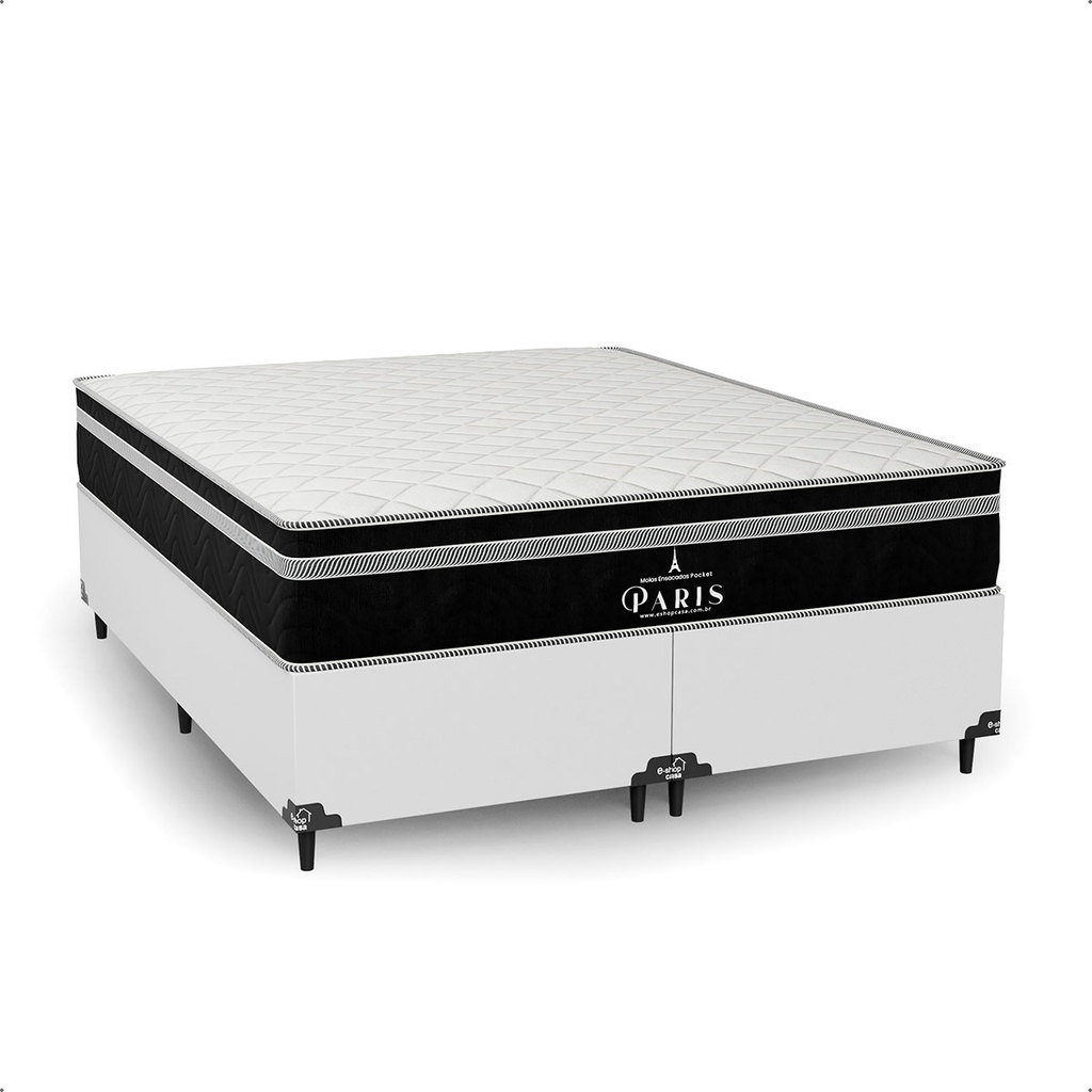 Cama Box Queen Couro Branco + Colchão Paris Molas Ensacadas Preto - e-Shop Casa