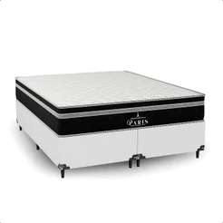 Cama Box Queen Couro Branco + Colchão Paris Molas Ensacadas Preto - e-Shop Casa