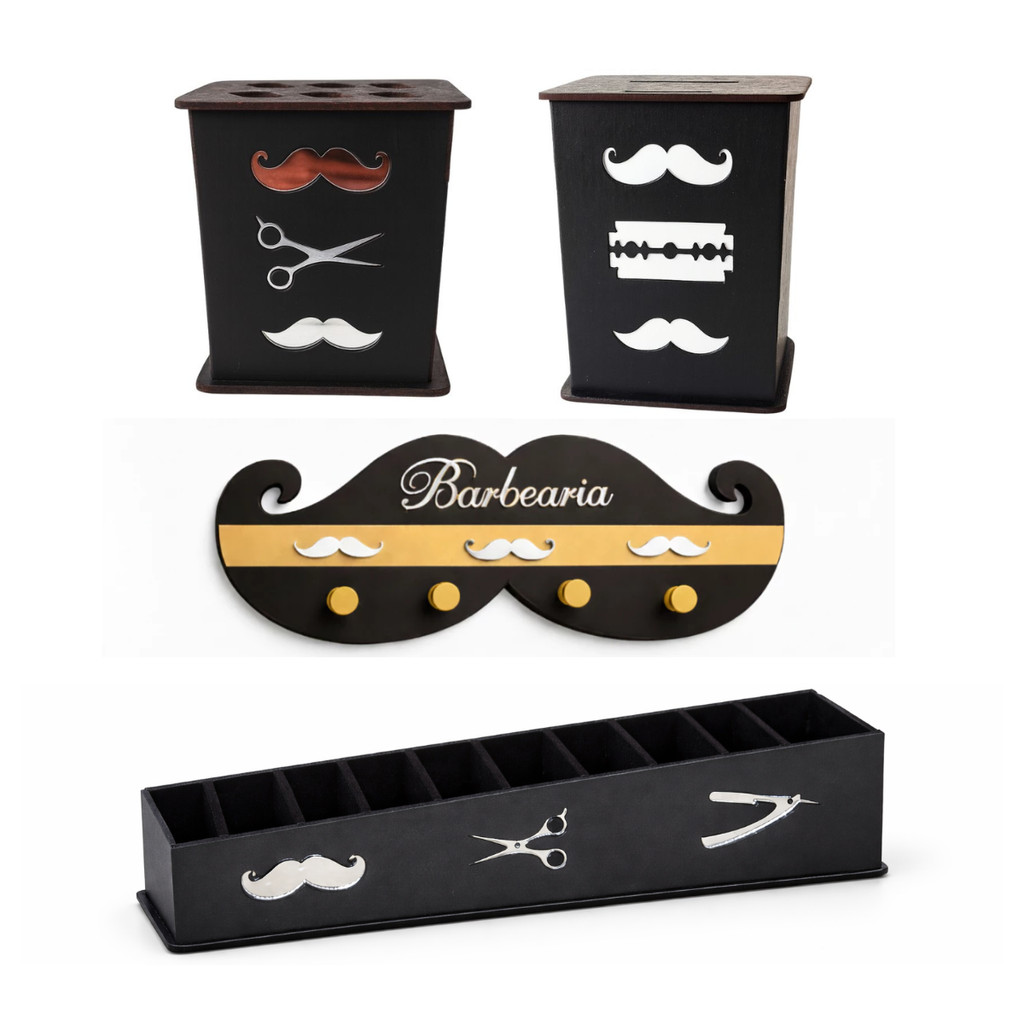 KIT Organização Barbearia Cabideiro Prata Descarte Laminas Porta Tesouras Porta Pentes