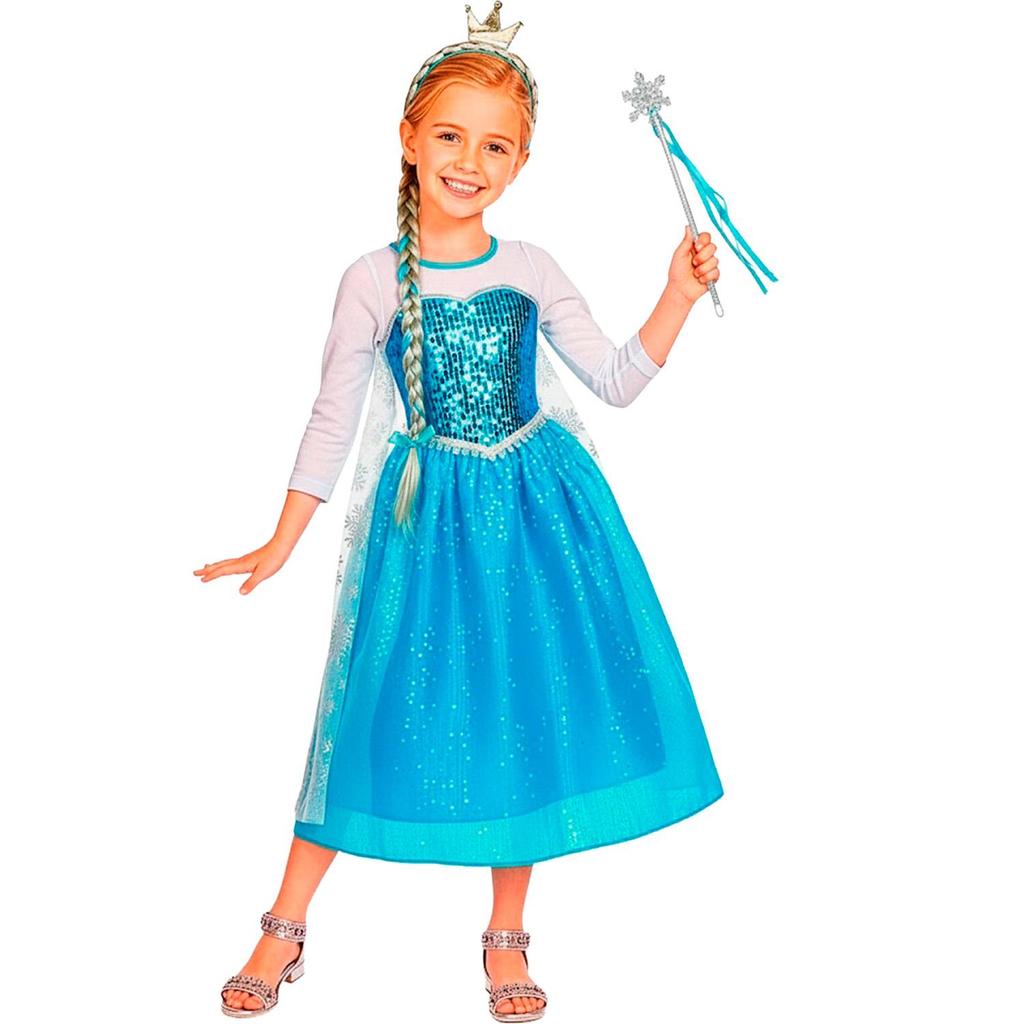 Fantasia Frozen Infantil Vestido Elsa Luxuoso com Capa + Varinha M`ágica Tiara com Trança e Coroa