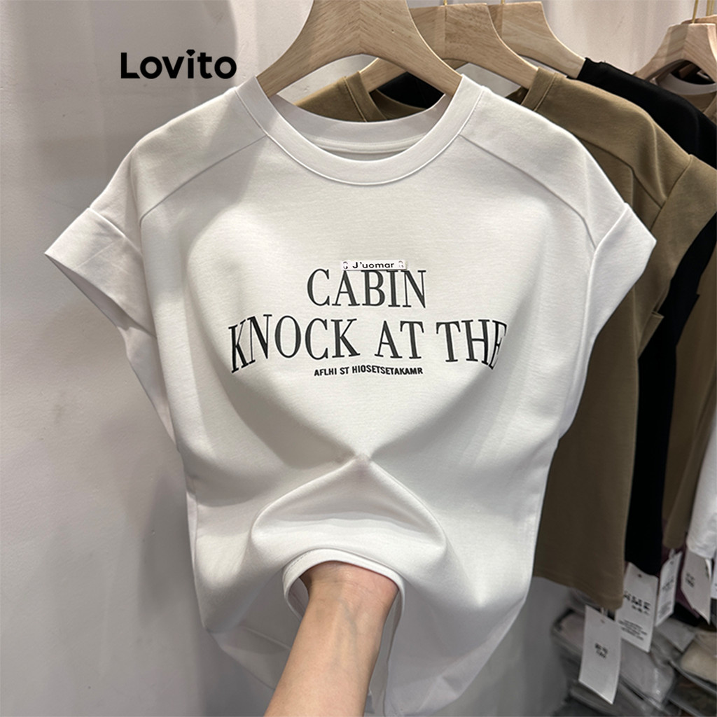 Lovito Camiseta Casual Acolchoada Com Letras Básicas Para Mulheres LNA24019 (Cáqui/Branco/Preto) em Oferta na Shopee