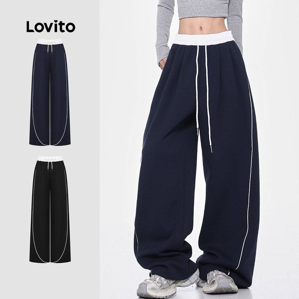 Lovito Calça Casual De Verão/Primavera Com Costura Em Tecido Liso E Cordão Para Mulheres L110AD1475 em Oferta na Shopee