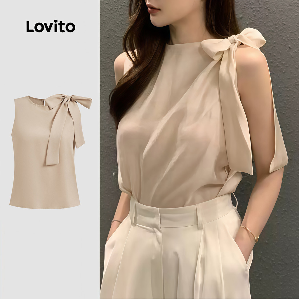 Lovito Regata Casual com gravata lisa frontal para mulheres L124AD1308 em Oferta na Shopee