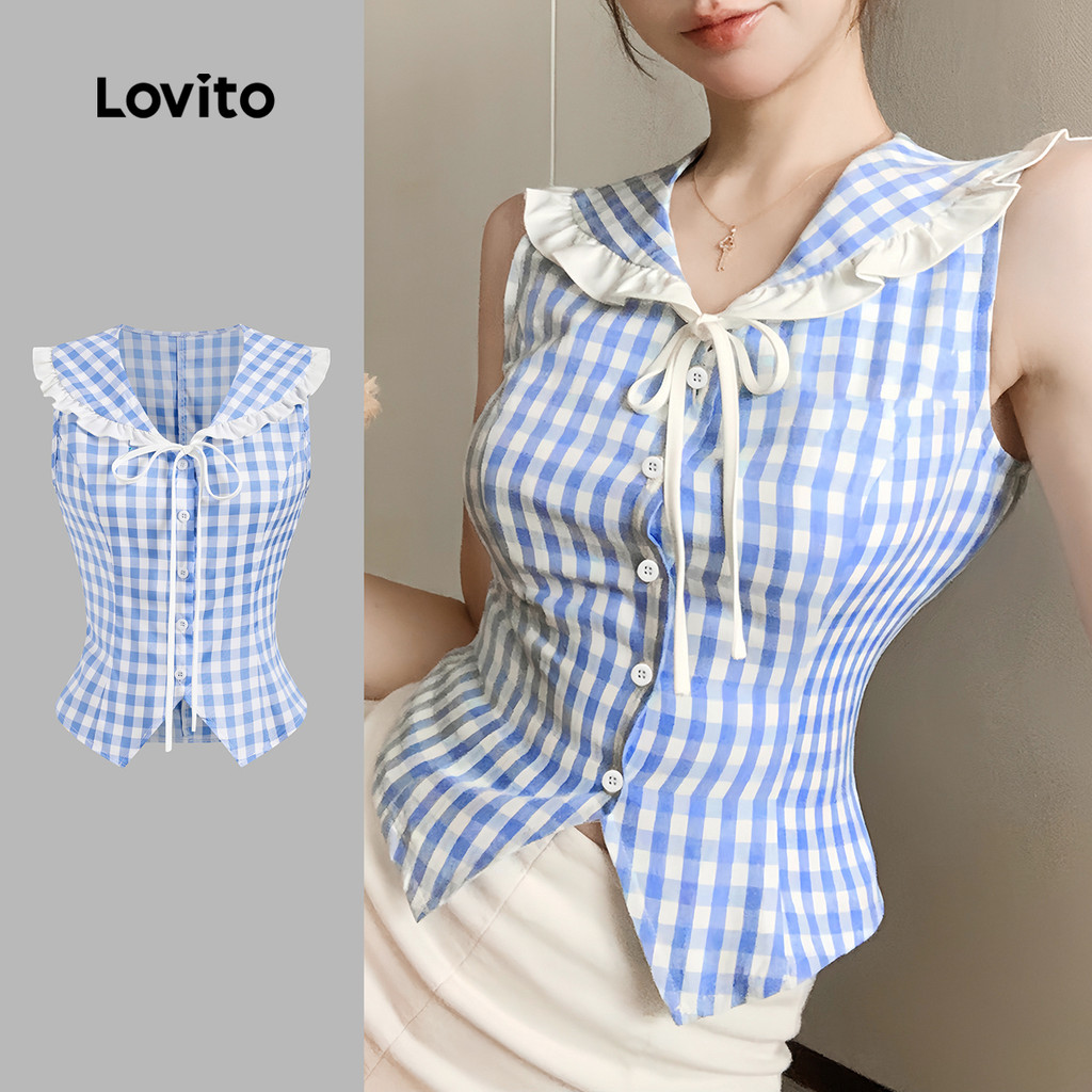 Lovito Linda regata xadrez com babados para mulheres L130AD121