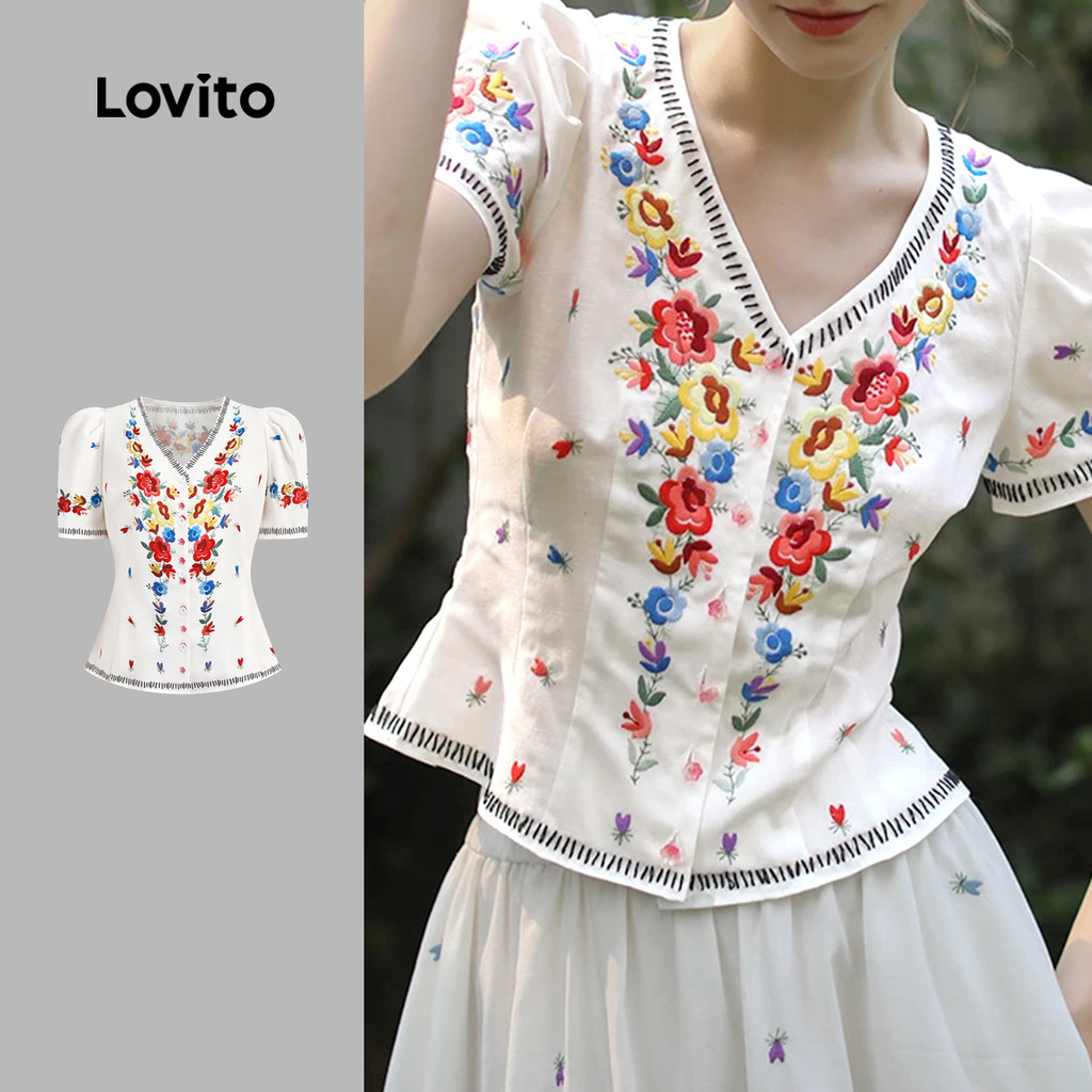 Lovito Blusa Multicolorida Boho Floral Com Botão Verão Primavera Para Mulheres LBL25305 em Oferta na Shopee