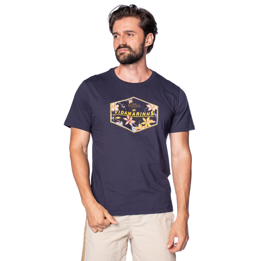 Camiseta Masculina Vida Marinha Manga Curta com Estampa Floral Marinho