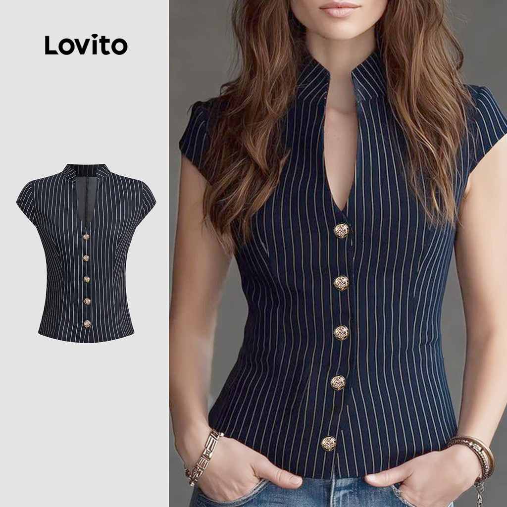 Lovito  Blusa Casual com Botões Estrutura Linha Comutar Azul Marinho Blusa para Mulheres L171AD1128 em Oferta na Shopee