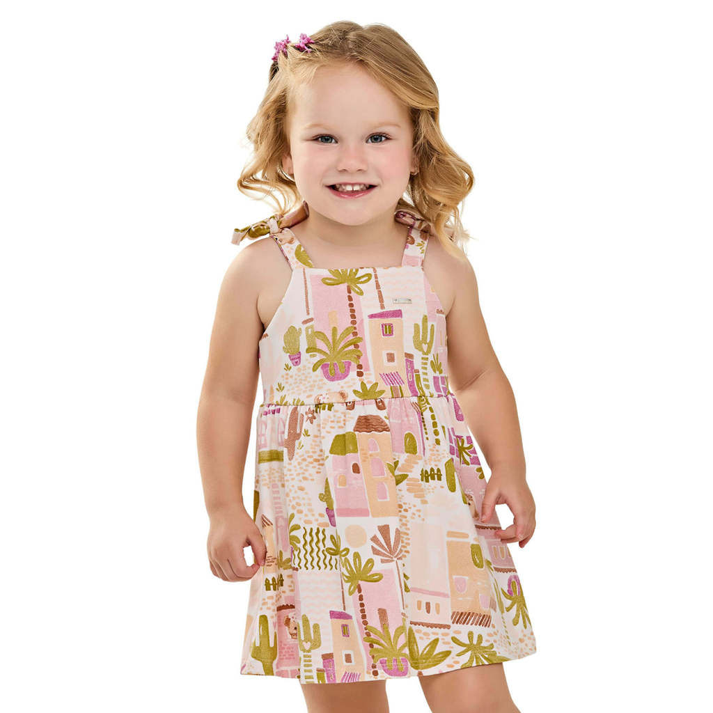 Vestido Infantil Menina Com Alças Ursinha Elian Bege
