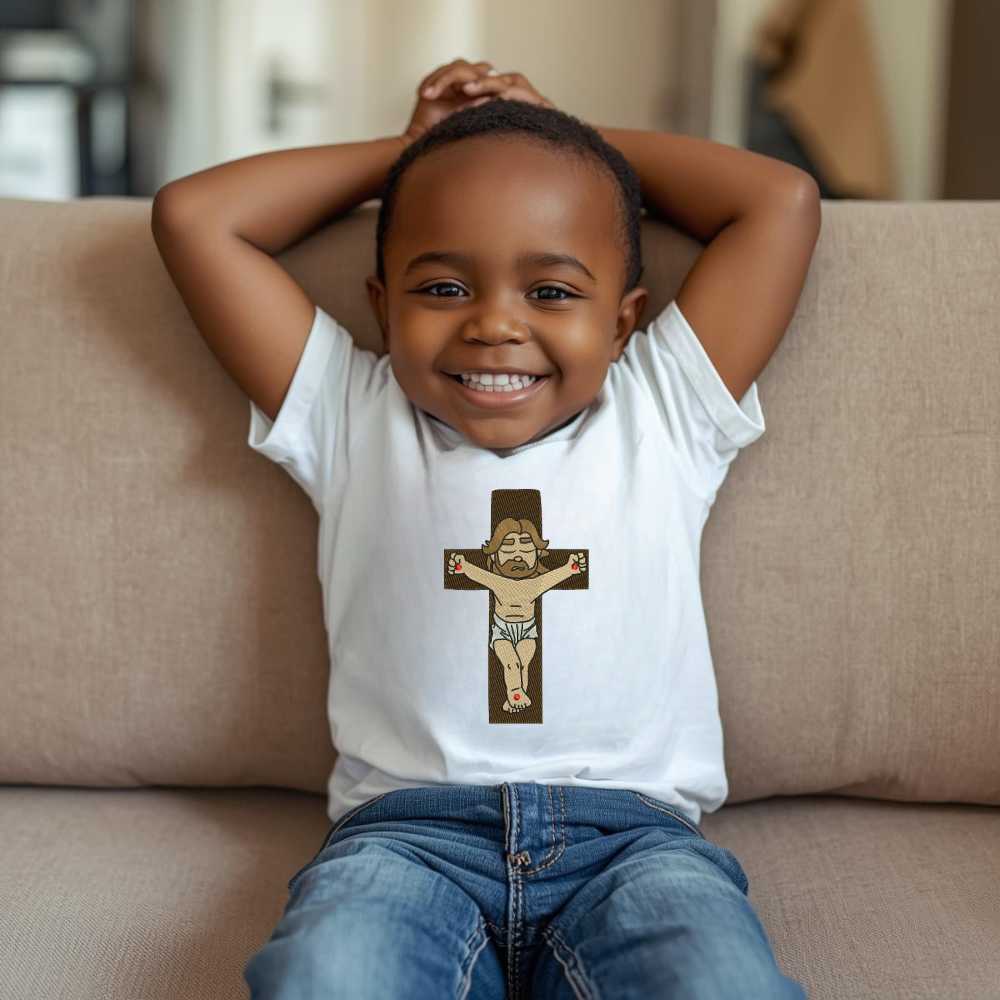 Camisa Infantil Moda Fé Cristã Bordada Cristo Crucificado