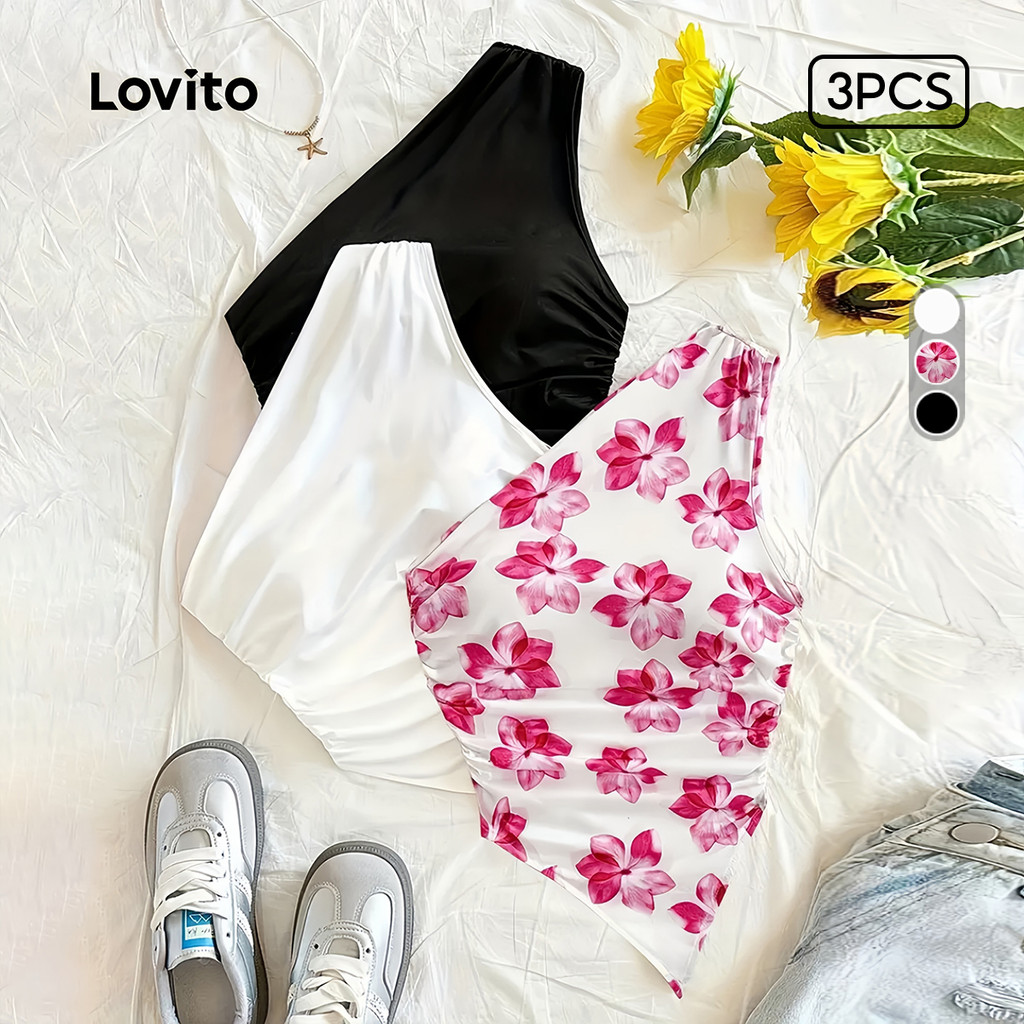 Lovito  Casual Top 3 Peças Conjunto Padrão Assimétrico Primavera/verão Preto+off-white+rosa Top para mulheres LNE134100 em Oferta na Shopee