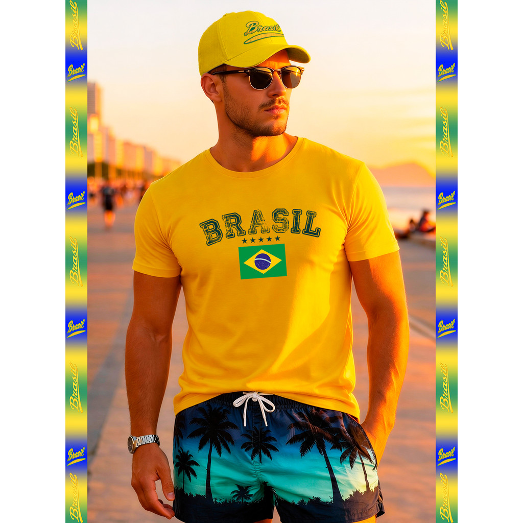 Camiseta Brasil Masculina mais Boné Kit Copa do Mundo Futebol Masculino Casual