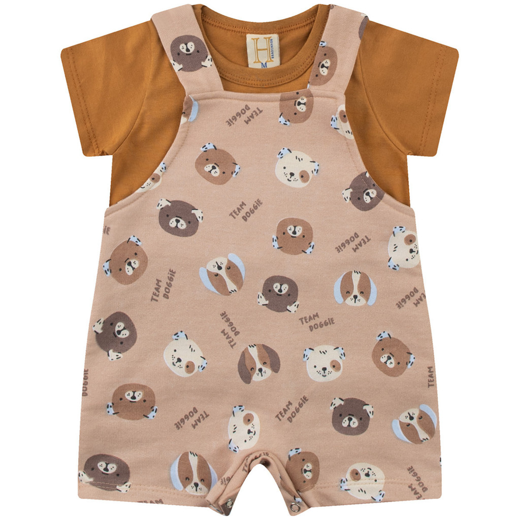 15133 Jardineira Bebê Masculina Moletinho com Camiseta Caramelo Meia Malha Conjunto Infantil