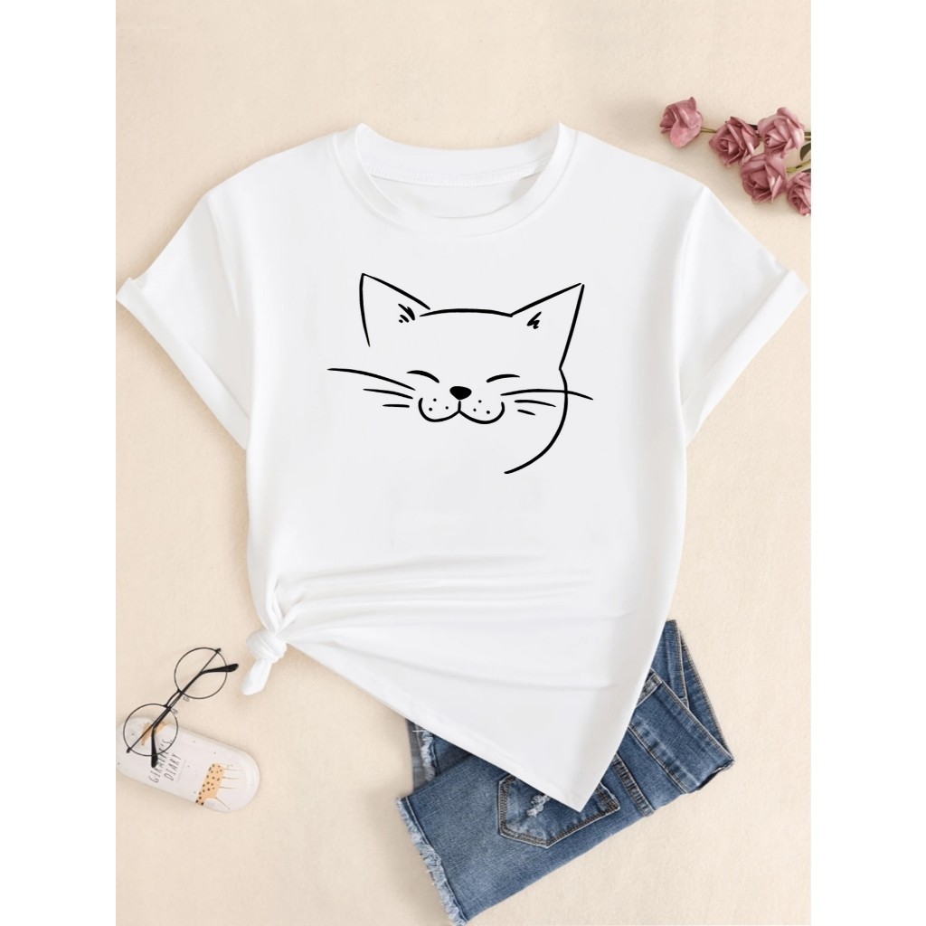 Camiseta Premium T-shirt LINDA Camiseta Gato Sorridente Masculina Estampado  Confort Moda Casual Blusinha Feminina T-shi