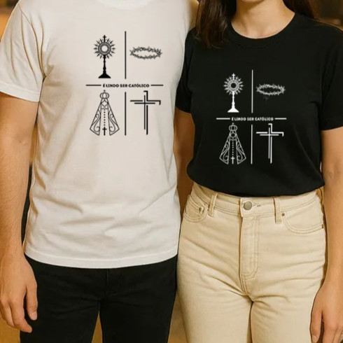 Kit Casal Estampada "É Lindo Ser Católico" Blusa Confortável 100% Algodão