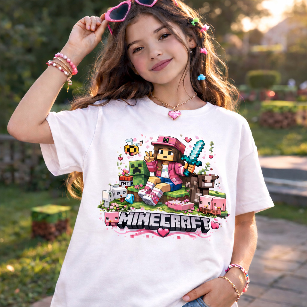Camiseta Infantil Menina Estampada Minecraft Camisa Gamer Feminina 100% Algodão Personalizada