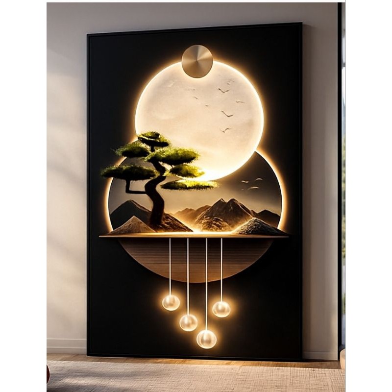 Imagem apenas Quadro Decorativo Árvores & Lua Iluminada – Arte Moderna Zen  top não é LUMINÁRIA