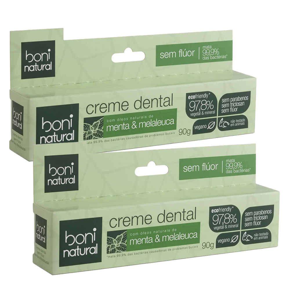 kit Creme Dental Boni Natural Sem Flúor Menta e Melaleuca 90g - 2 Unidades em Oferta na Shopee
