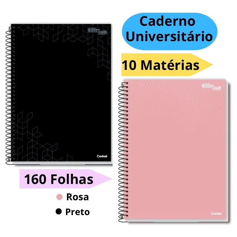 Caderno Universitário Capa Dura 10 E 20 Matérias Preto Rosa Escolar Credeal
