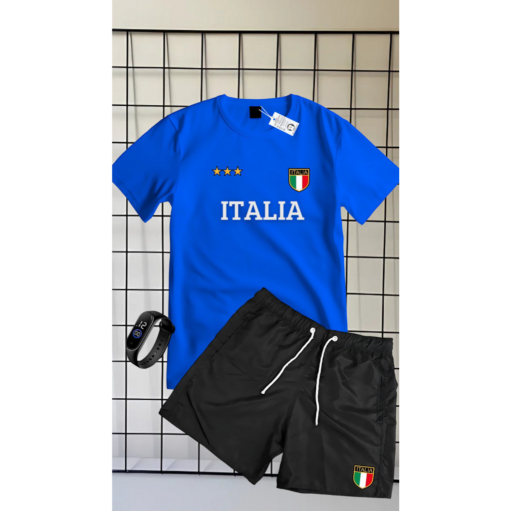 Conjunto Kit camiseta verão 100% algodão 30,1 bermuda tectel ESTAMPA ITALIA + RELOGIO DIGITAL