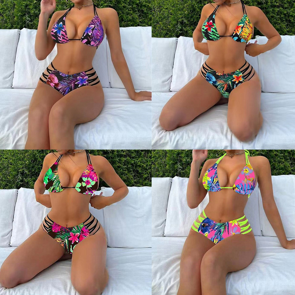 2026 novo produto maiô de cintura alta impressão Digital Multi-corda cinta feminino Split Bikini triângulo maiô yikais16