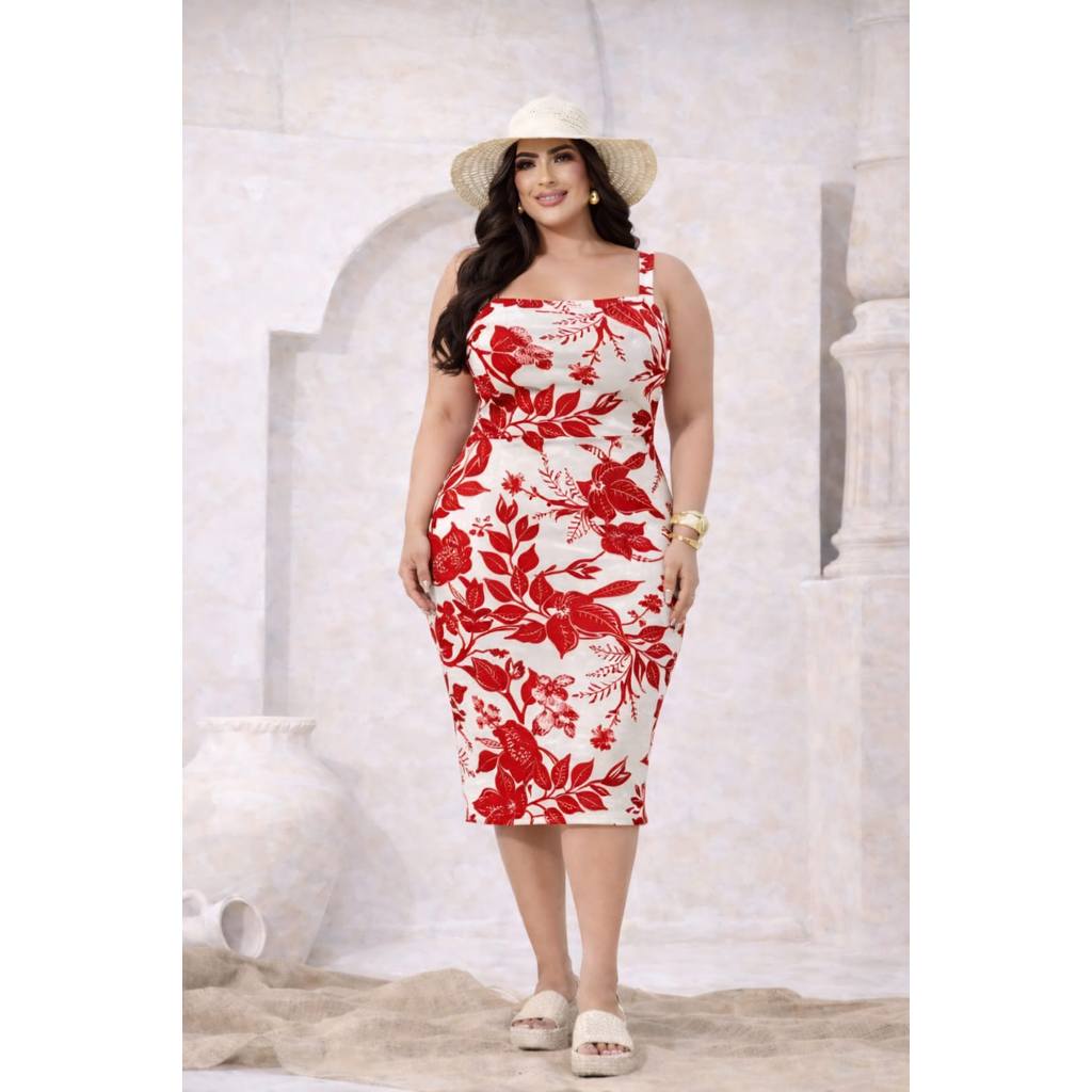Vestido Feminino Midi Plus Size Tubinho Floral Suplex Premium