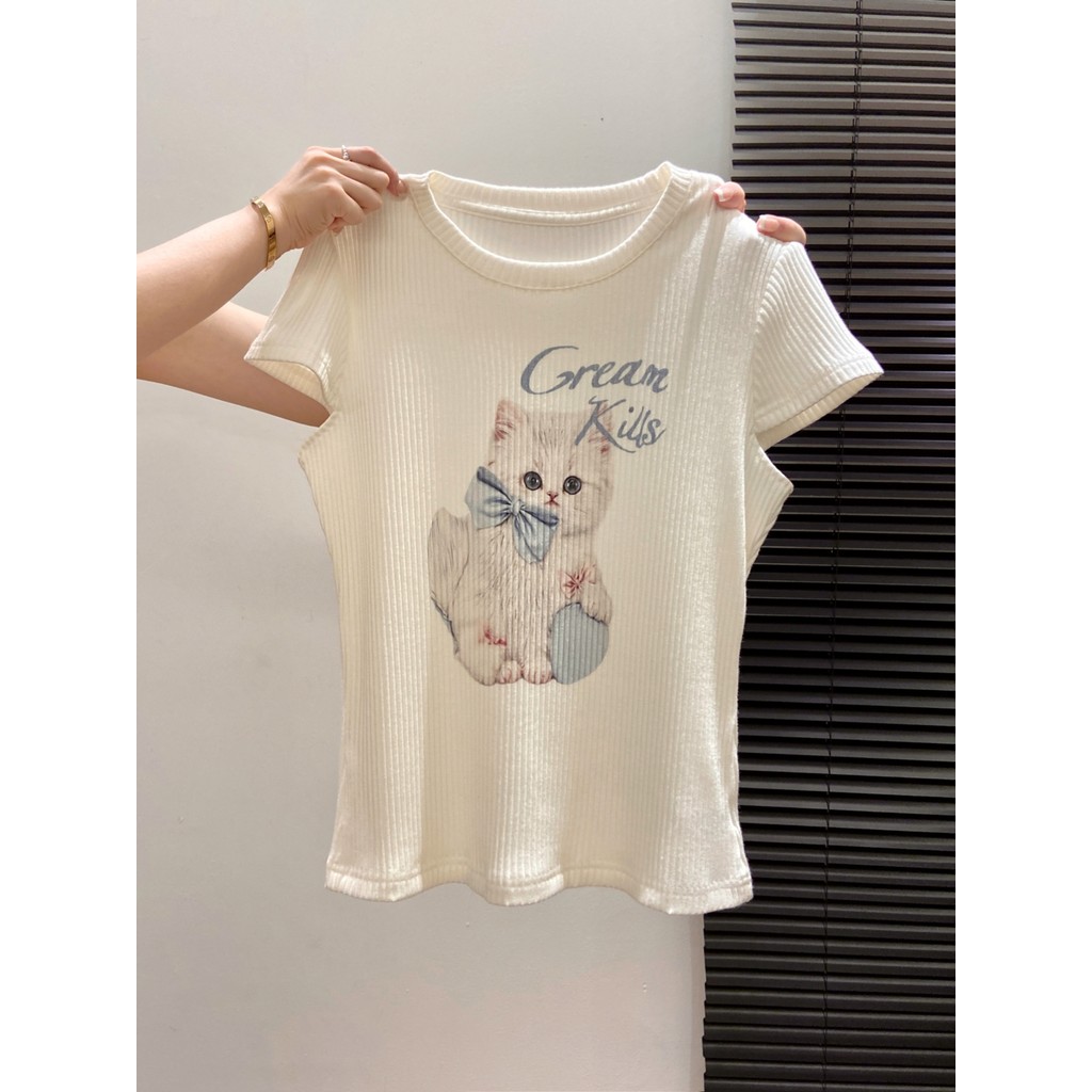 K malha ombro topo 2026 verão fino doce legal quente menina branco magro manga curta borboleta gatinho impresso camiseta