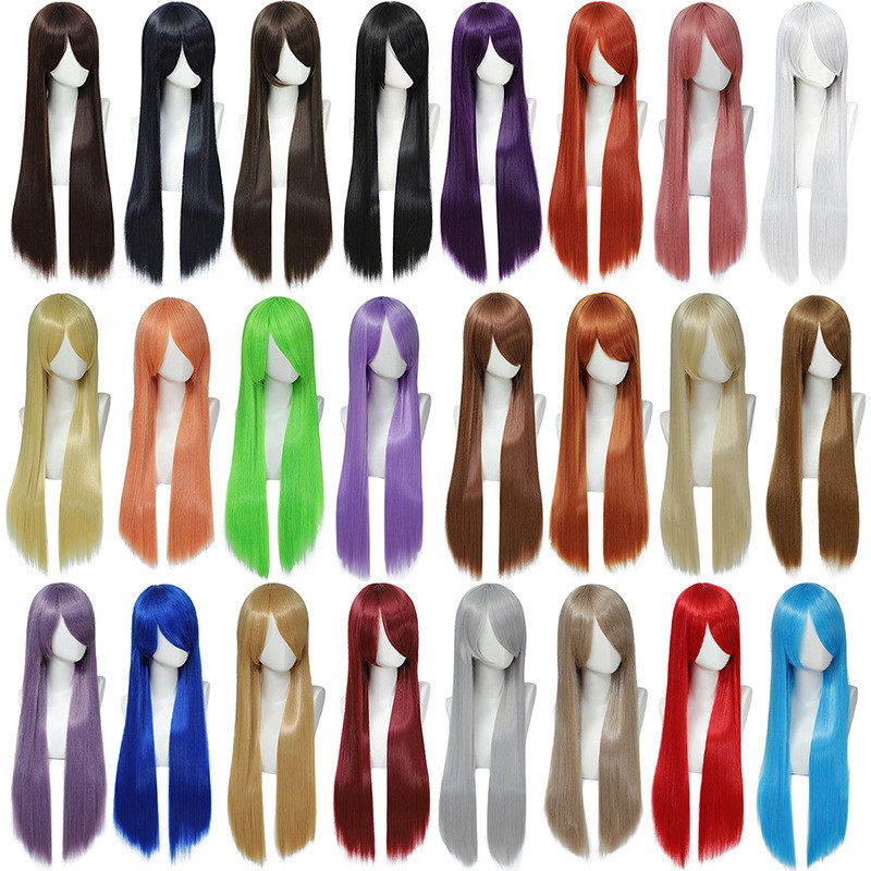 Peruca Cosplay colorida Universal longo cabelo reto anime europeu americano traje estilo chapelaria 80cm anime cabelo re