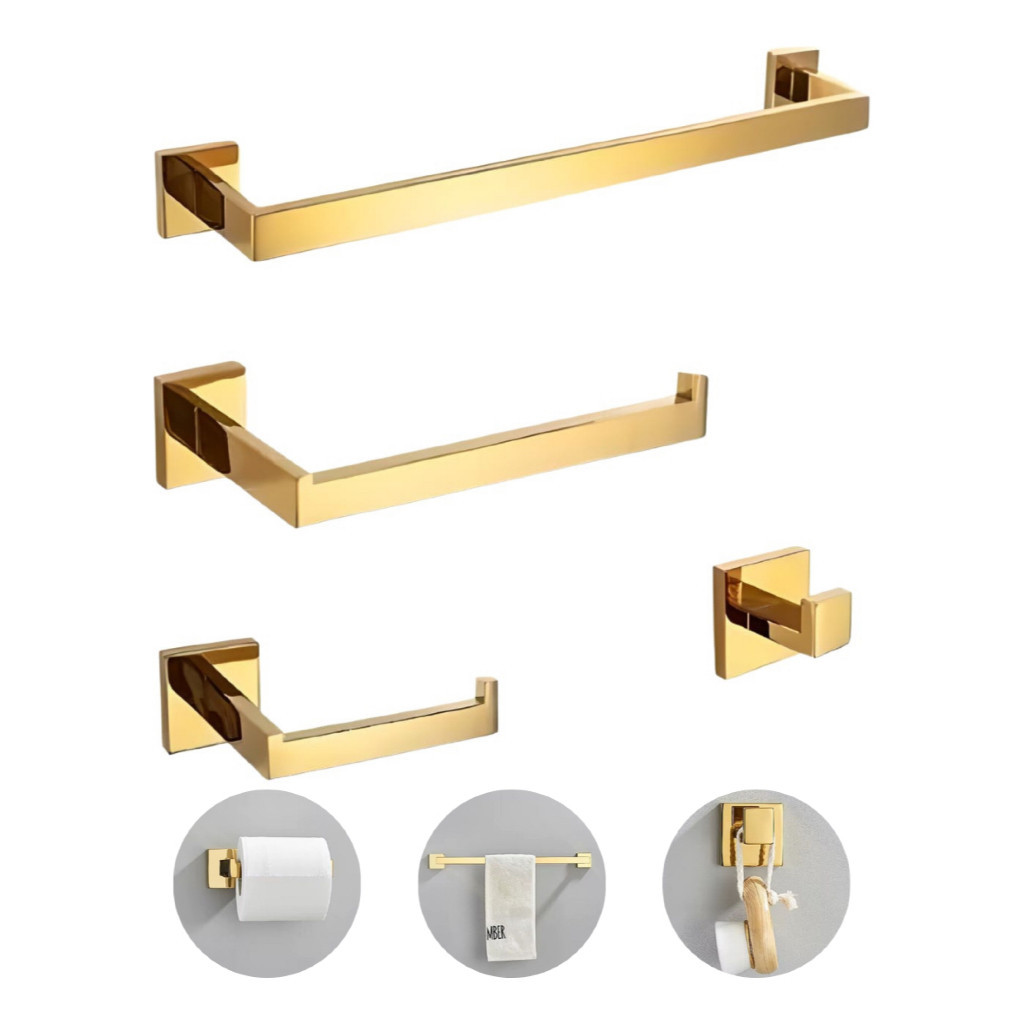 Kit Acessórios Para Banheiro 4 Peças Inox Quadrado 60cm Toalheiro De Banheiro Preto/Dourado/Cromado